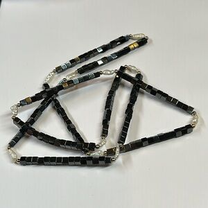 Hematite cube bead and freshwater pearl station necklace